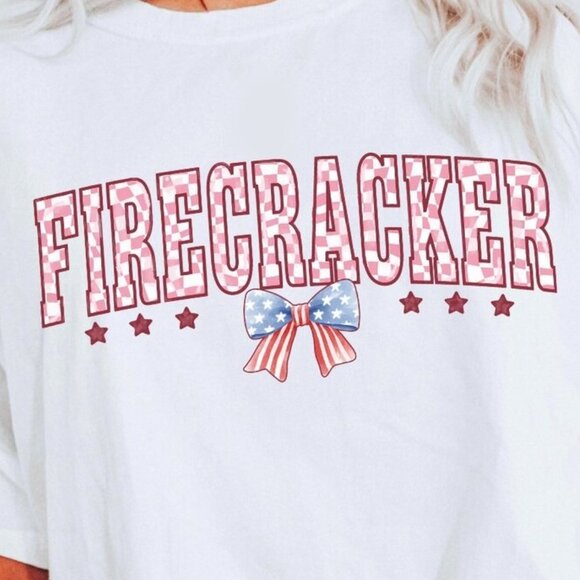 Firecracker 4th of July Shirt Women Shirt, Patriotic Coquette Bow Tee - Picture 3 of 3